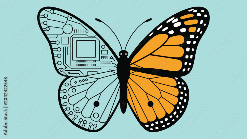 Obraz premium Digital illustration of a Monarch butterfly with one half as a circuit board.