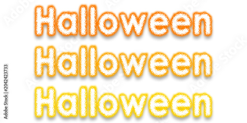 Three rows of halloween text with gradient orange and yellow colors on transparent background isolated on a transparent background