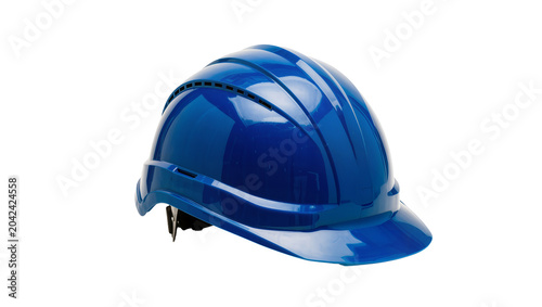 Shiny blue hard hat with ventilation slots, isolated on transparent background
