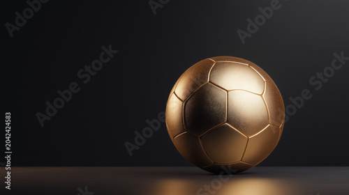 Gold soccer ball on a dark background with ample copy space. Premium football concept representing victory, championship and sporting success.