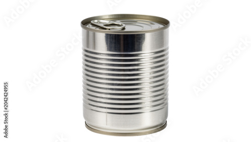 Silver metal food can with pull tab, isolated on transparent background