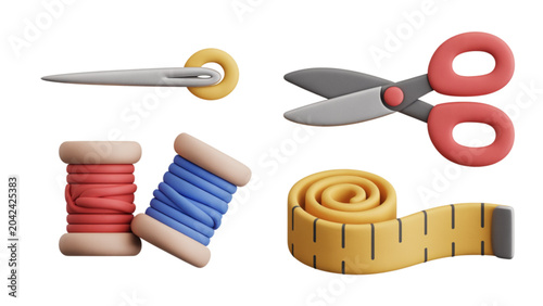 Obraz na plátne Assorted sewing tools including scissors, needle, thread, and thimble on a white