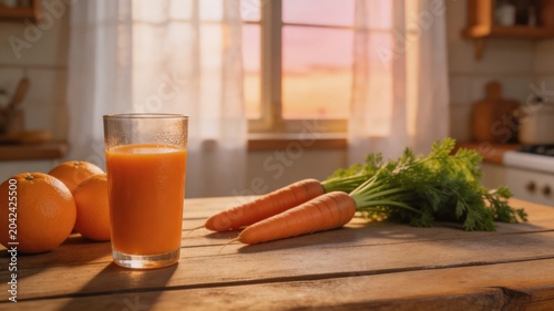 A refreshing glass of orange juice accompanied by fresh carrots and oranges on a wooden kitchen table, set against a serene sunset backdrop.