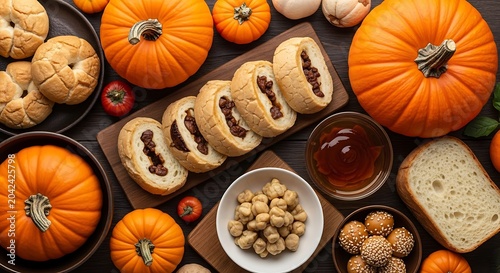 Autumn food, Thanksgiving harvest, pumpkins, bread, nuts, honey, seasonal baking