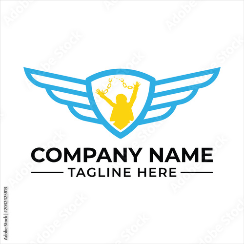 Winged shield logo with a celebrating person inside