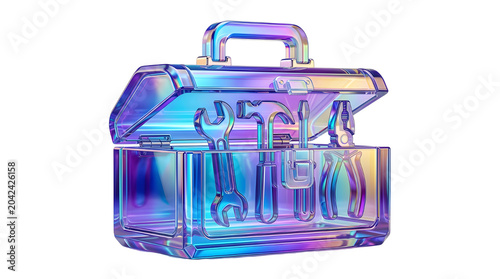 Holographic glass toolbox with iridescent hand tools, futuristic crystal tool box for creative repair, glowing translucent maintenance kit on white background