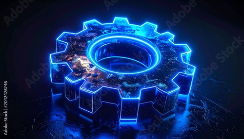 A futuristic gear with neon blue outline and metallic surface