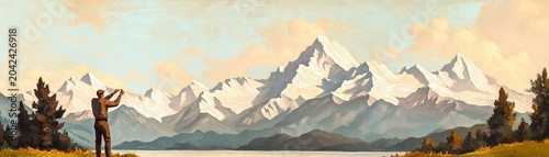 Oil painting Man photographs majestic snow-capped peaks and serene lake at sunrise, panoramic nature view, expressive brushwork, capturing beauty. Mountain, Art
