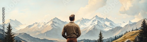 Oil painting of man's rear view gazing at vast snow-capped mountain range with pine trees. Contemplative panoramic vista, embracing solitude and journey. nature, exploration