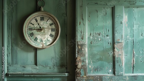 Antique round analog clock with weathered roman numerals hangs elegantly against a beautiful rustic green wooden wall with peeling paint