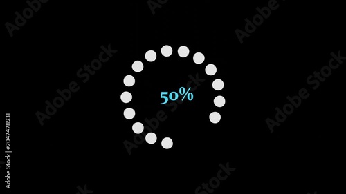 White dots circular loading spinner with blue percentage counter loop animation on dark background