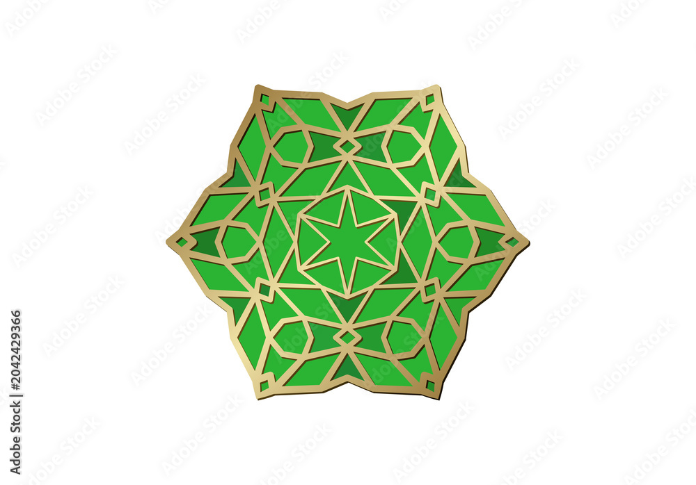 Ταπετσαρία Green and gold Islamic geometric rosette ornament, isolated on a transparent bac