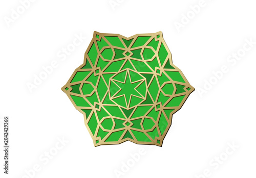 Slika na platnu Green and gold Islamic geometric rosette ornament, isolated on a transparent bac