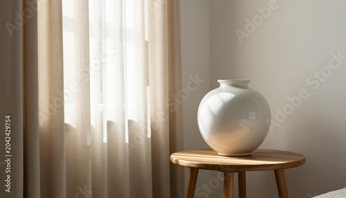 Decorative ceramic vase on wooden table modern interior home decor bright natural light minimalist style