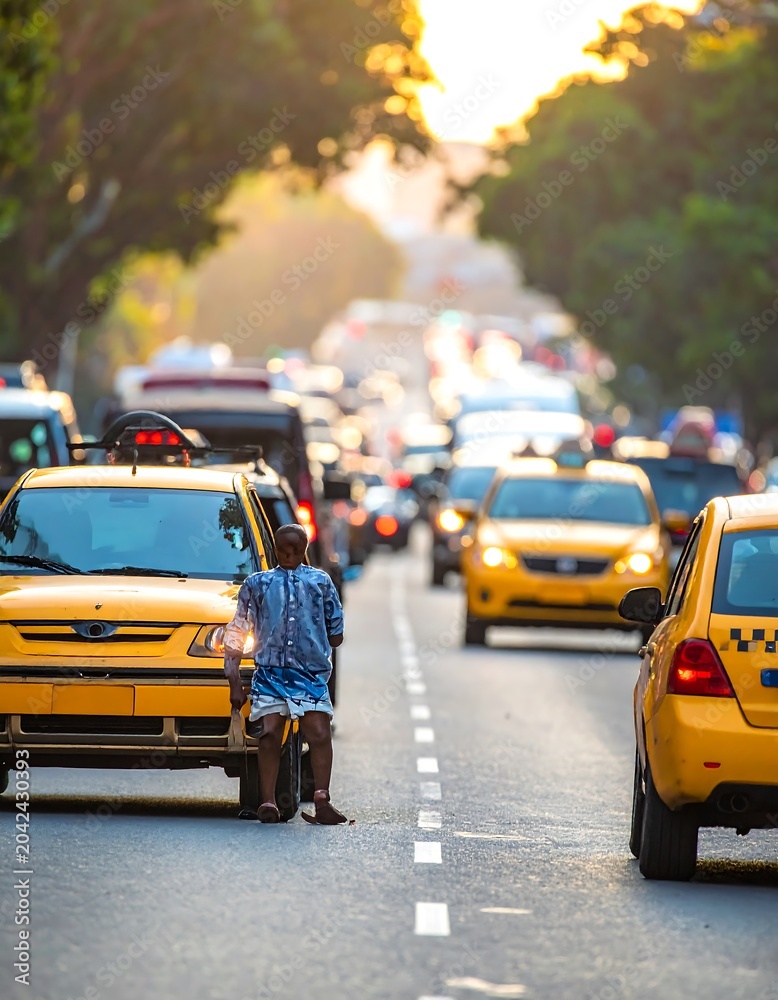 Fototapeta premium A congested urban road with numerous yellow taxis and trees lining the street