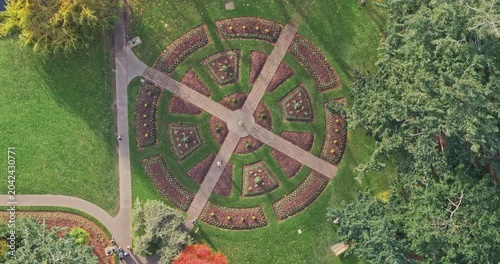Aerial shot of Beacon Hill park in Victoria Canada BC. Wildlife trees, colorful leaves and water fountain, bridge and pond with beautiful weather walk in the city center	