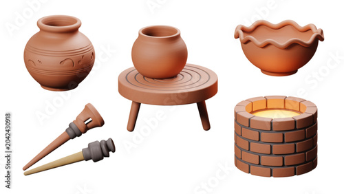 Obraz na plátně Collection of traditional clay pottery items and tools on a rustic surface Vecto