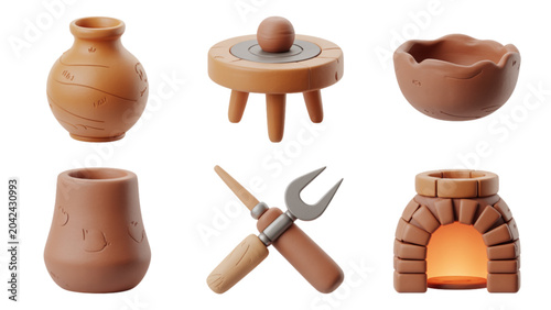 Canvas Print Set of six handmade terracotta pottery items and gardening tools on a neutral su