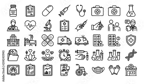 Fotografía Pharmacy healthcare and medical line icon collection with medicine treatment pre