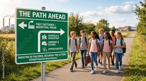School children walking on path, green directional sign, industrial areas, parks, residential zones, education, kids with backpacks