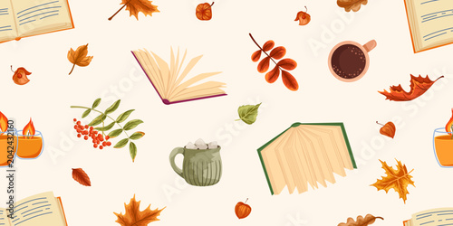 Seamless autumn pattern with books, coffee, candles, berries and colorful fall leaves. Cozy reading theme background for fabric, wrapping paper, stationery, scrapbook, wallpaper and seasonal design