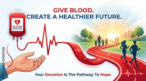Blood donation awareness illustration, healthy future concept, heart rate graphic, blood drive campaign, healthcare promotion