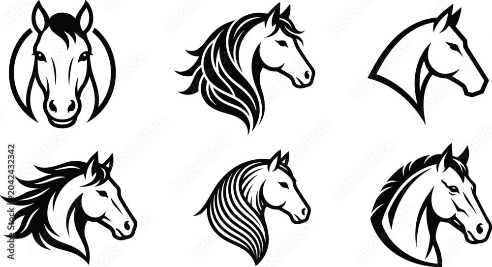 Fototapeta premium Horse Head Logo Collection Featuring Elegant Stallion and Mustang Profiles for Equestrian Sports Business Branding Ranch Signage and Competitive Riding Club Graphic Design
