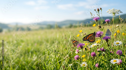 Butterflies resting on colorful wildflowers in a sunny summer meadow