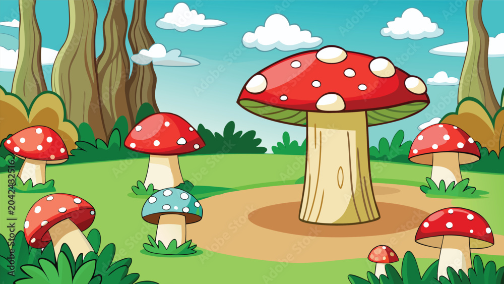 Fototapeta premium Many red mushrooms with white spots growing in a green fairy tale forest landscape with trees and blue sky Vector