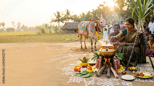 Indian women cooking traditional food during harvest festival outdoors