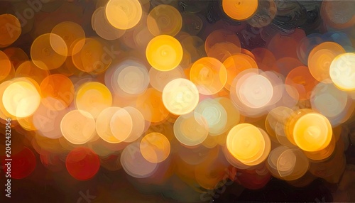 An abstract, blurry view of warm, circular lights in various sizes and hues. The tones shift between yellow, orange and red