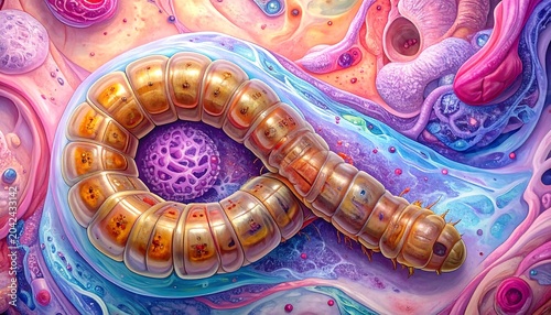 An abstract, close-up view presents a brightly colored, stylized representation of internal biological structures