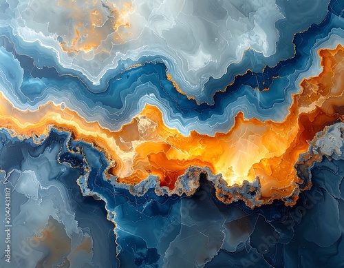 An abstract, close-up view presents layers of colors. Blues and oranges blend, creating a flow. Light emanates from the center
