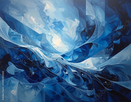 An abstract composition, dominated by shades of blue. Curved lines and fragmented shapes create a dynamic, flowing effect reminiscent of water or light