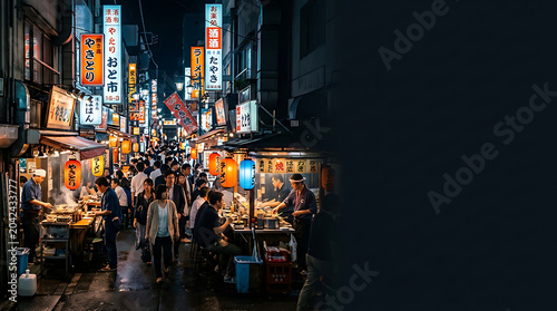 Busy japanese street food alley with glowing lanterns at night
