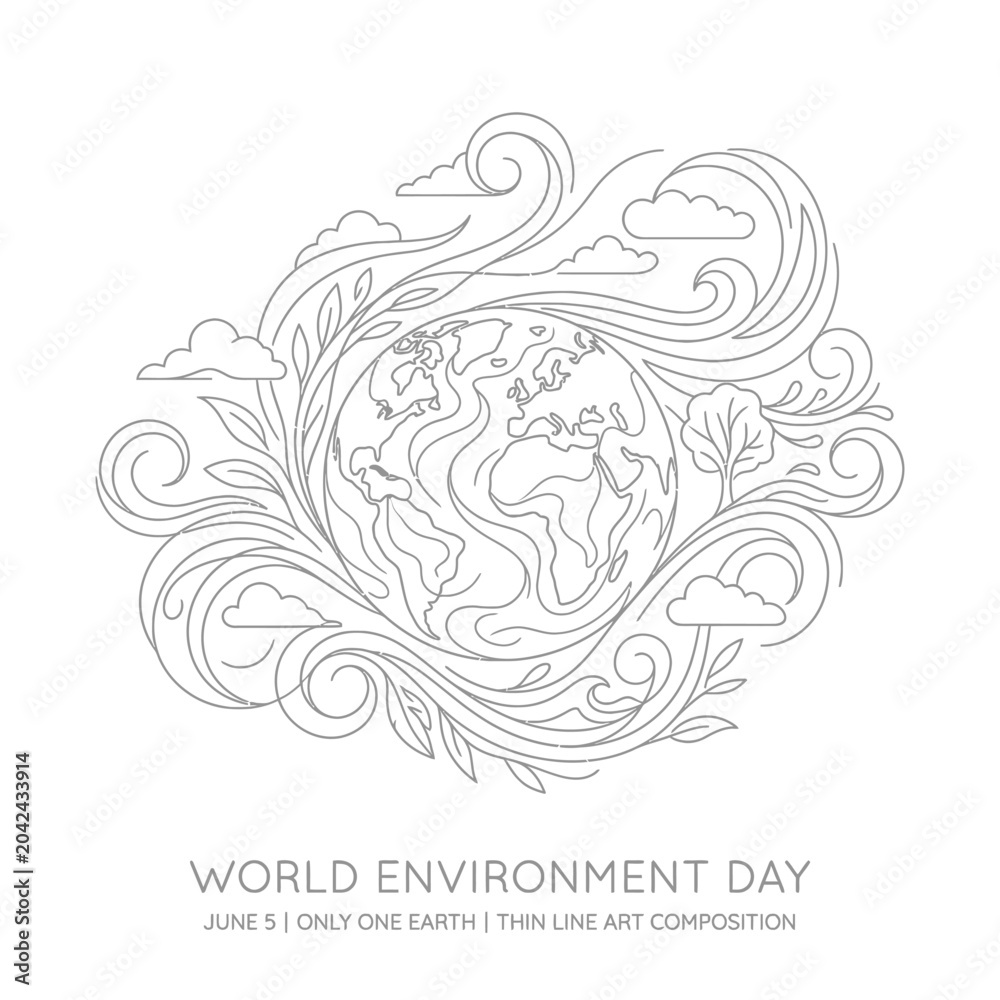 Fototapeta premium Minimalist white line art composition for world environment day showing globe and floral swirls.