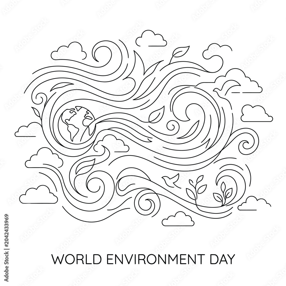 Fototapeta premium World environment day vector illustration earth and nature elements outline design for banner.