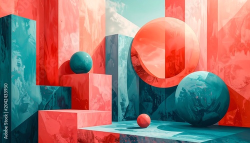 An abstract composition showcasing geometric forms and color blocks in a surreal, textured landscape with playful shadows