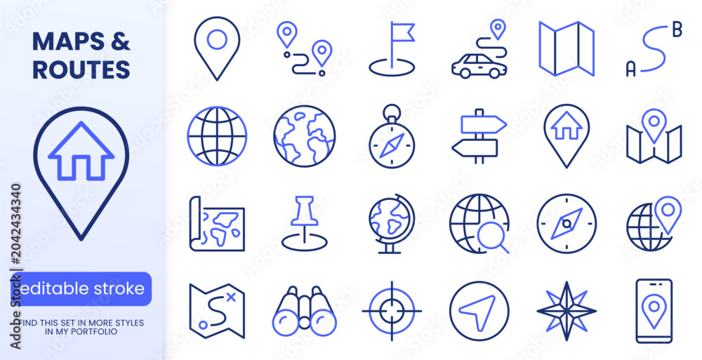 Fototapeta premium Location line icon set. Compass, travel, globe, map, geography, earth, distance, proximity minimal vector illustration. Simple outline sign for navigation app ui. Blue duotone color. Editable Stroke.
