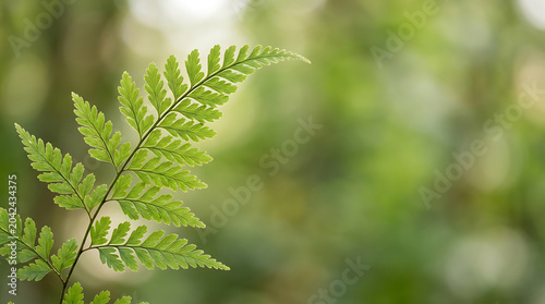 Vibrant green fern frond in soft sunlight with bokeh background