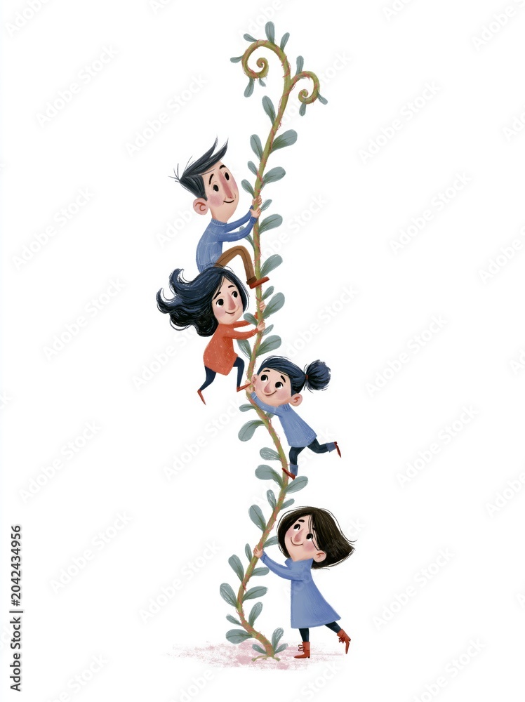 Obraz premium Cute minimal nursery cartoon illustration of funny men and women climbing a giant bean vine, featuring playful expressions, whimsical adventure, and a cheerful fantasy storybook atmosphere.