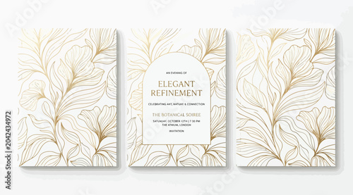 Foto Set of elegant wedding invitation cards with gold floral line art elements and a