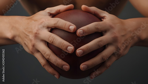 Close-up of hands holding a rugby ball