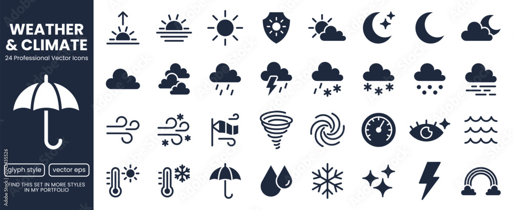 Obraz premium Weather forecast glyph icons set. Sun, rain, thunder storm, wind, snow cloud, moon, UV index flat pictogram vector illustrations. Black minimalist silhouette signs UI elements for web meteorology.