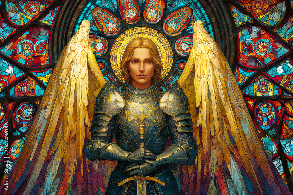 Obraz premium Majestic Archangel Warrior with Golden Wings and Stained Glass Background. AI generative.