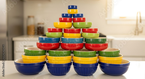 Colorful stack of ceramic ramekins for kitchen baking and food presentation