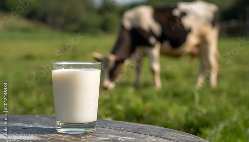 Glass of milk on a table with cow grazing in the background