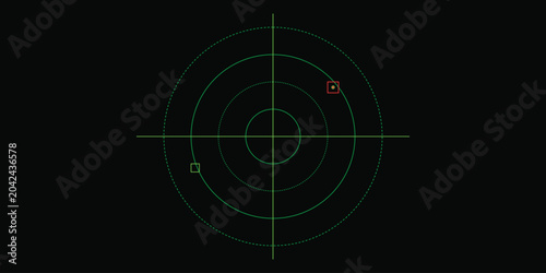 Foto Green radar screen with circular scanning grid showing two detected objects in dark zone