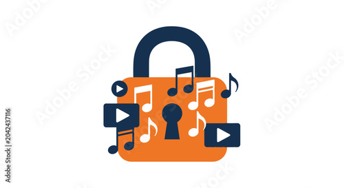 Digital Rights Management Concept: Padlock with Musical Notes and Video Play Icons Representing Media Security and Copyright Protection