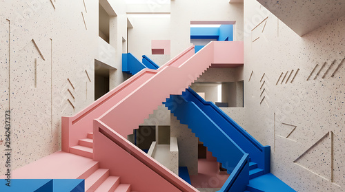 Memphis style staircase interior with geometric patterns and pastel colors